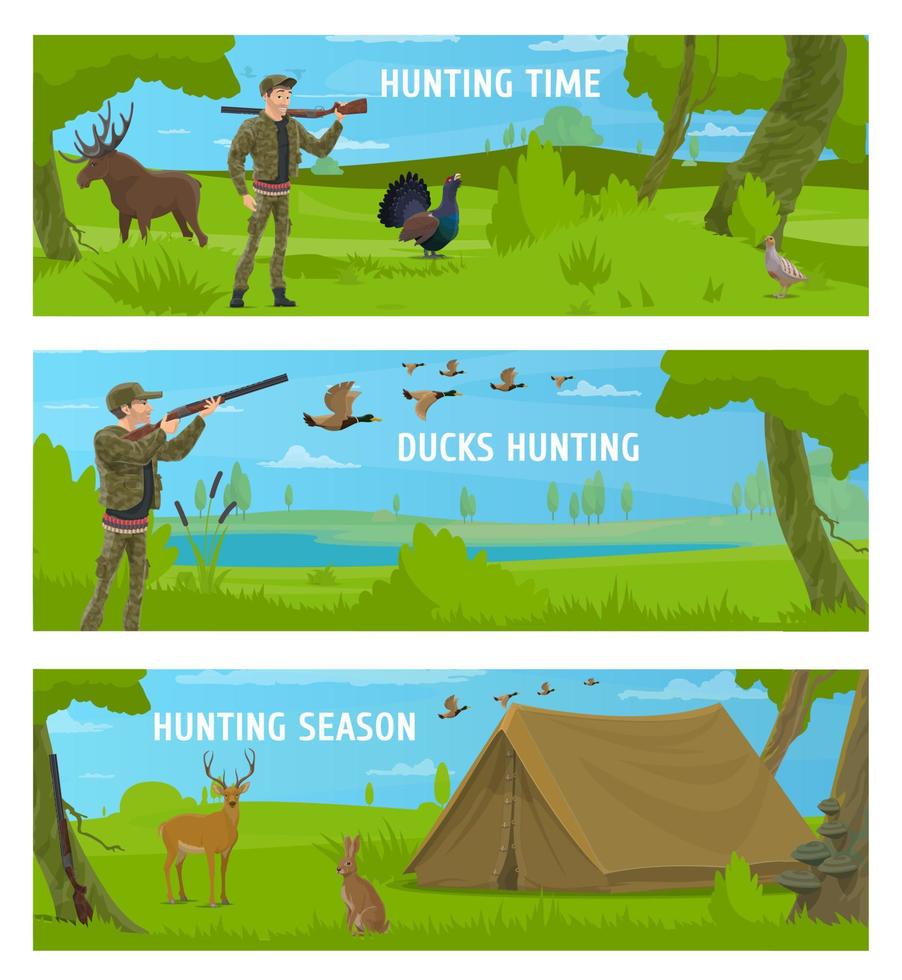 Hunting sport and animals, duck and deer hunters vector