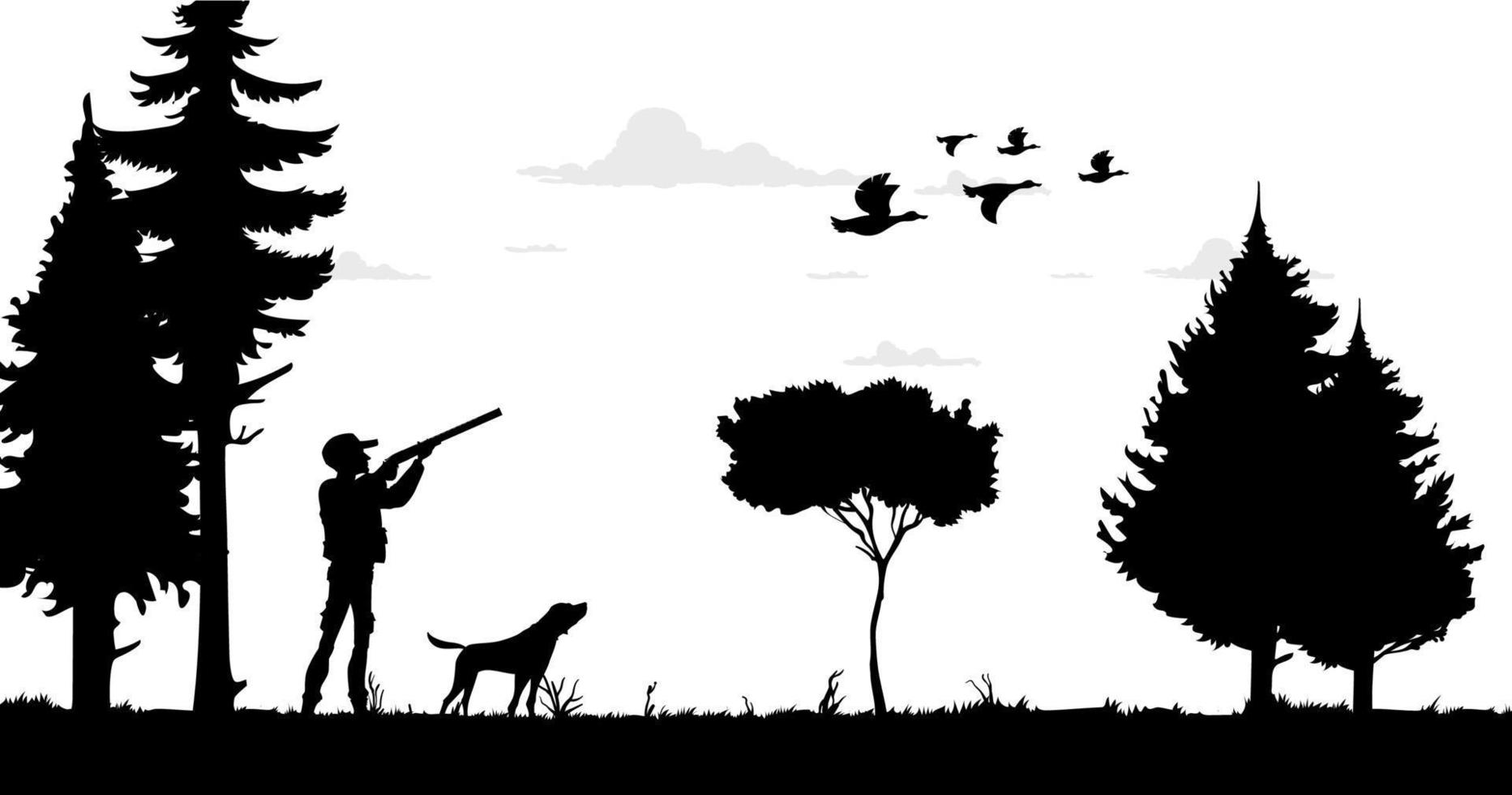 Hunting silhouette, hunter with shotgun and ducks vector