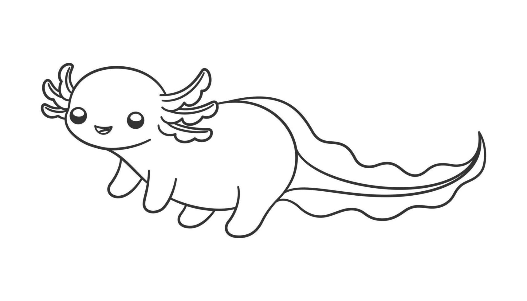Happy axolotl outline line art cartoon vector illustration. Cute underwater aquatic animal design. Easy simple coloring book page activity for kids.