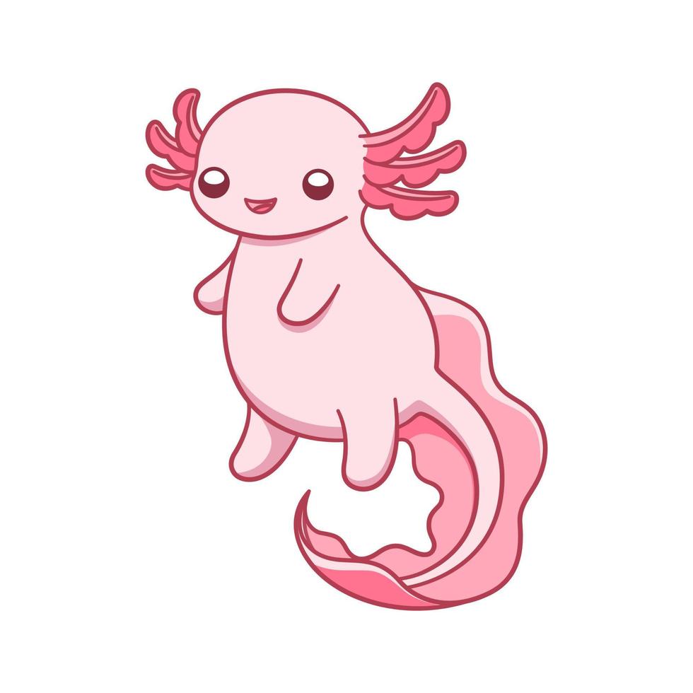Happy axolotl swimming cartoon vector illustration. Cute underwater aquatic animal design for kids. Simple flat style with outline clip art.