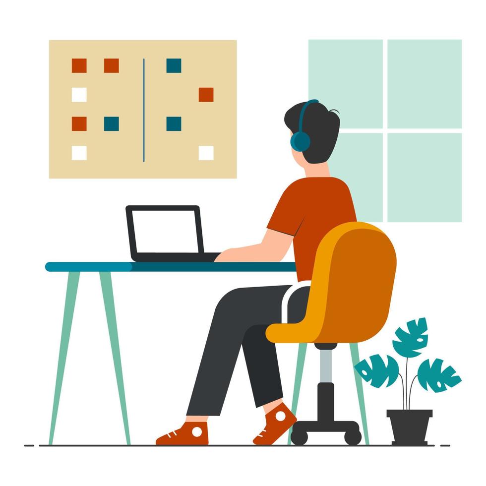 Office worker in casual clothes sitting at desk and working on laptop. Professional office worker at workplace vector