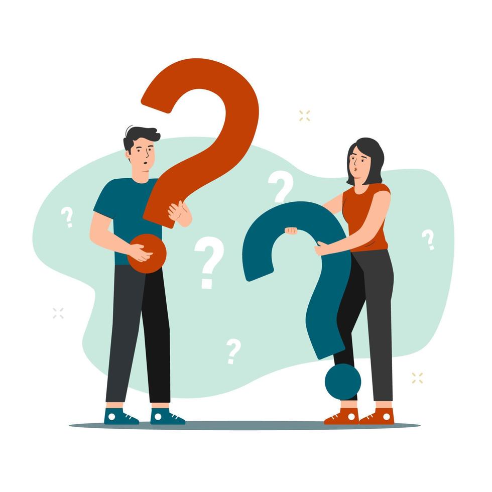 Man and woman holding question mark. Doubts, curious and confused vector