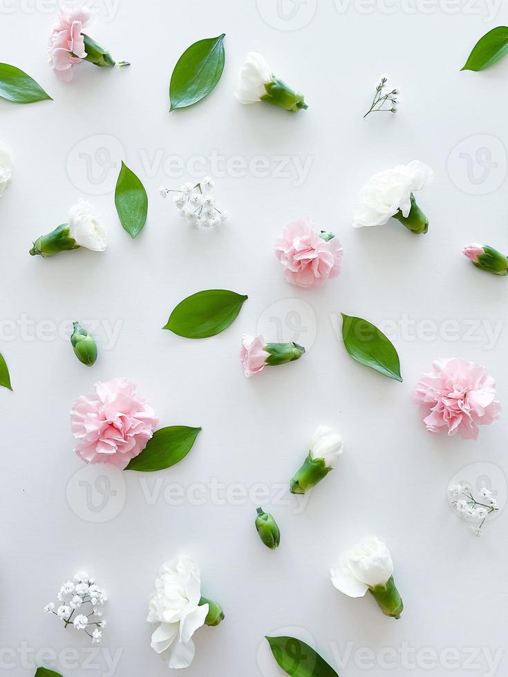 Floral pattern of pink and white carnations, green leaves photo
