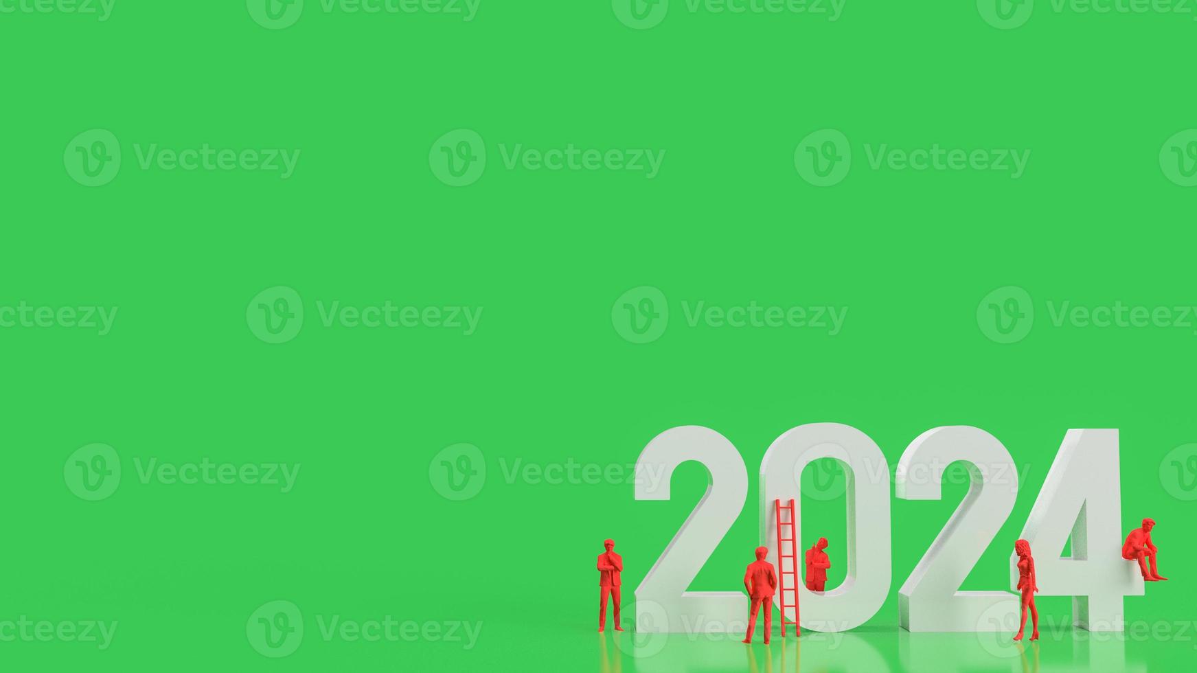 The white 2024 number and red business man on green background 3d