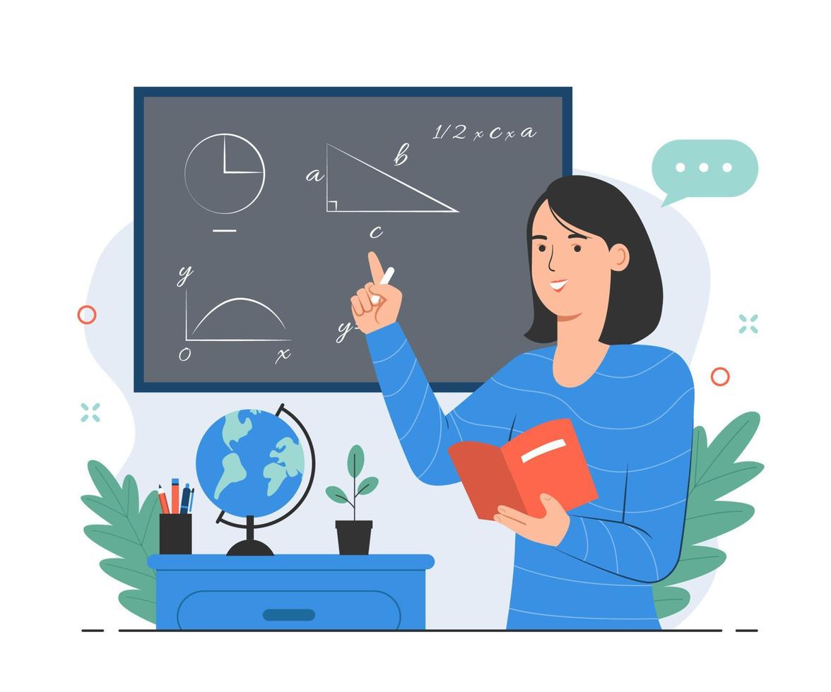 Female teacher giving math lesson while explaining it on chalkboard. Teaching concept illustration vector