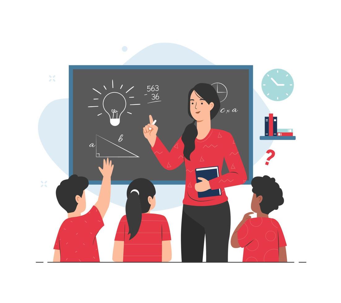 Teacher giving lesson to her students in classroom. Teaching concept illustration vector