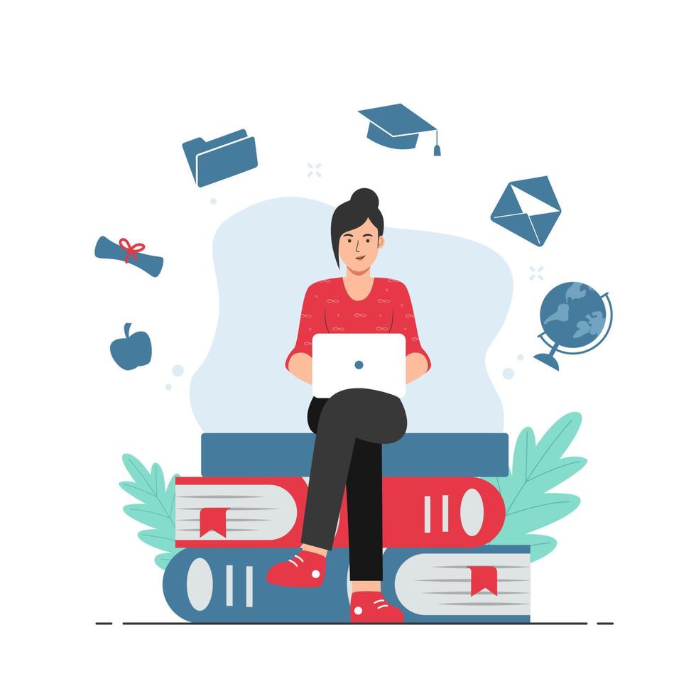 Female student studying with laptop. Online courses concept vector