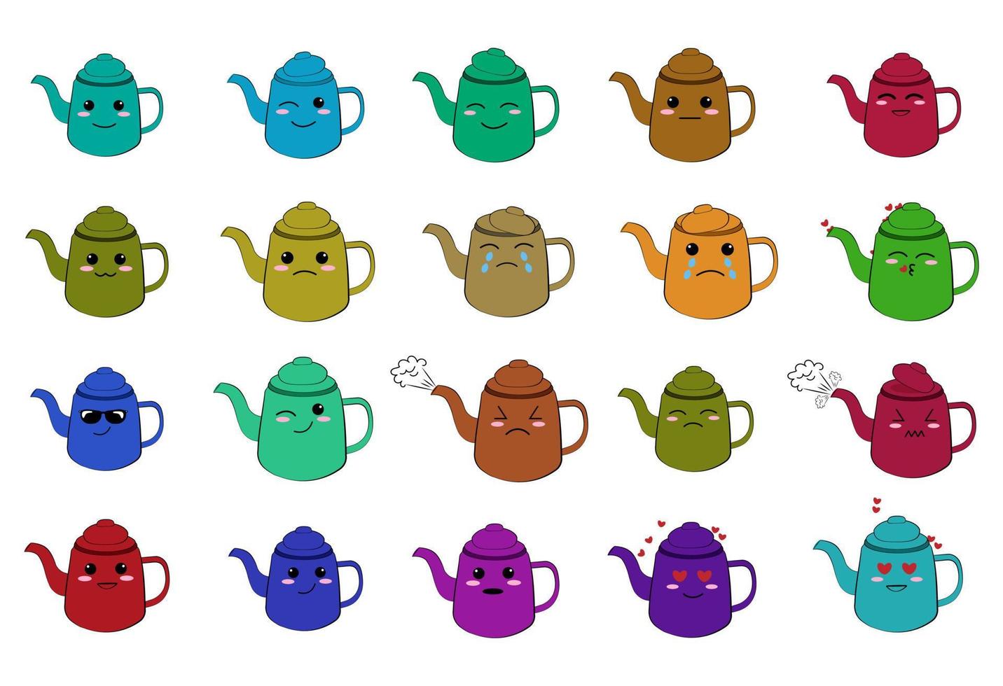 set of cartoon teapots with kawaii emotions vector
