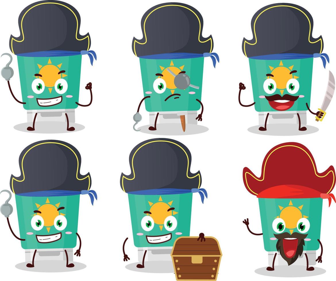 dibujos animados personaje de bloqueador solar con varios piratas emoticones vector
