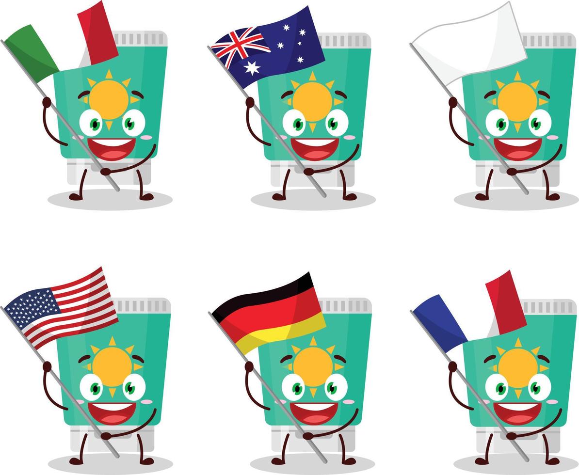 bloqueador solar dibujos animados personaje traer el banderas de varios países vector