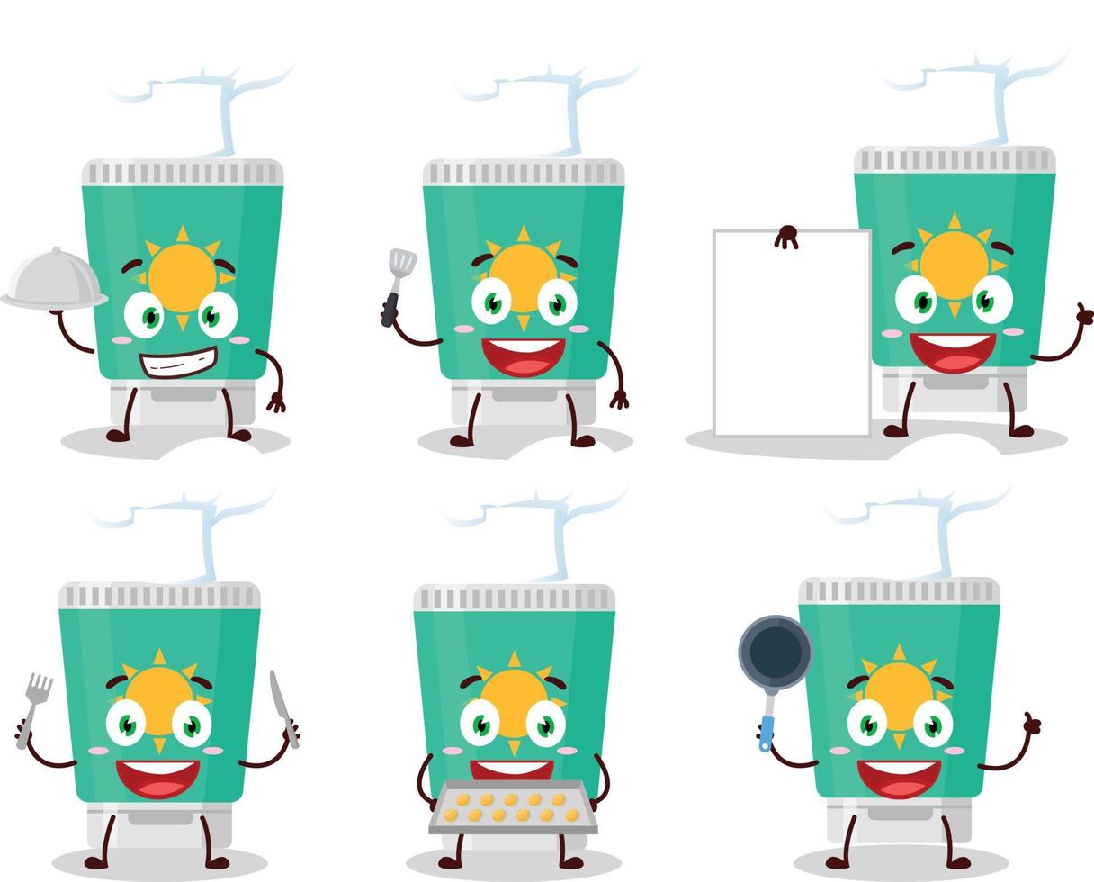 Cartoon character of sunblock with various chef emoticons vector