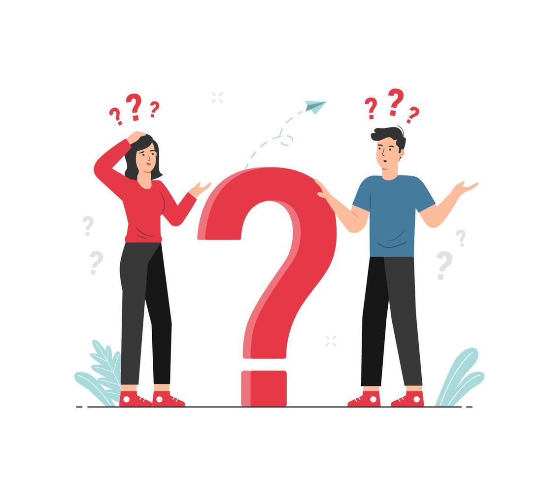 Man and woman thinking with big question mark. Doubts, problem, curious, confused. Questions concept illustration vector