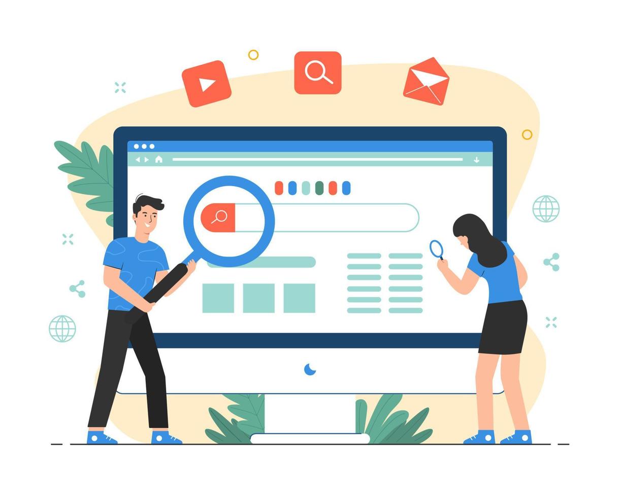 Search engine concept for landing page. People holding magnifying glass vector