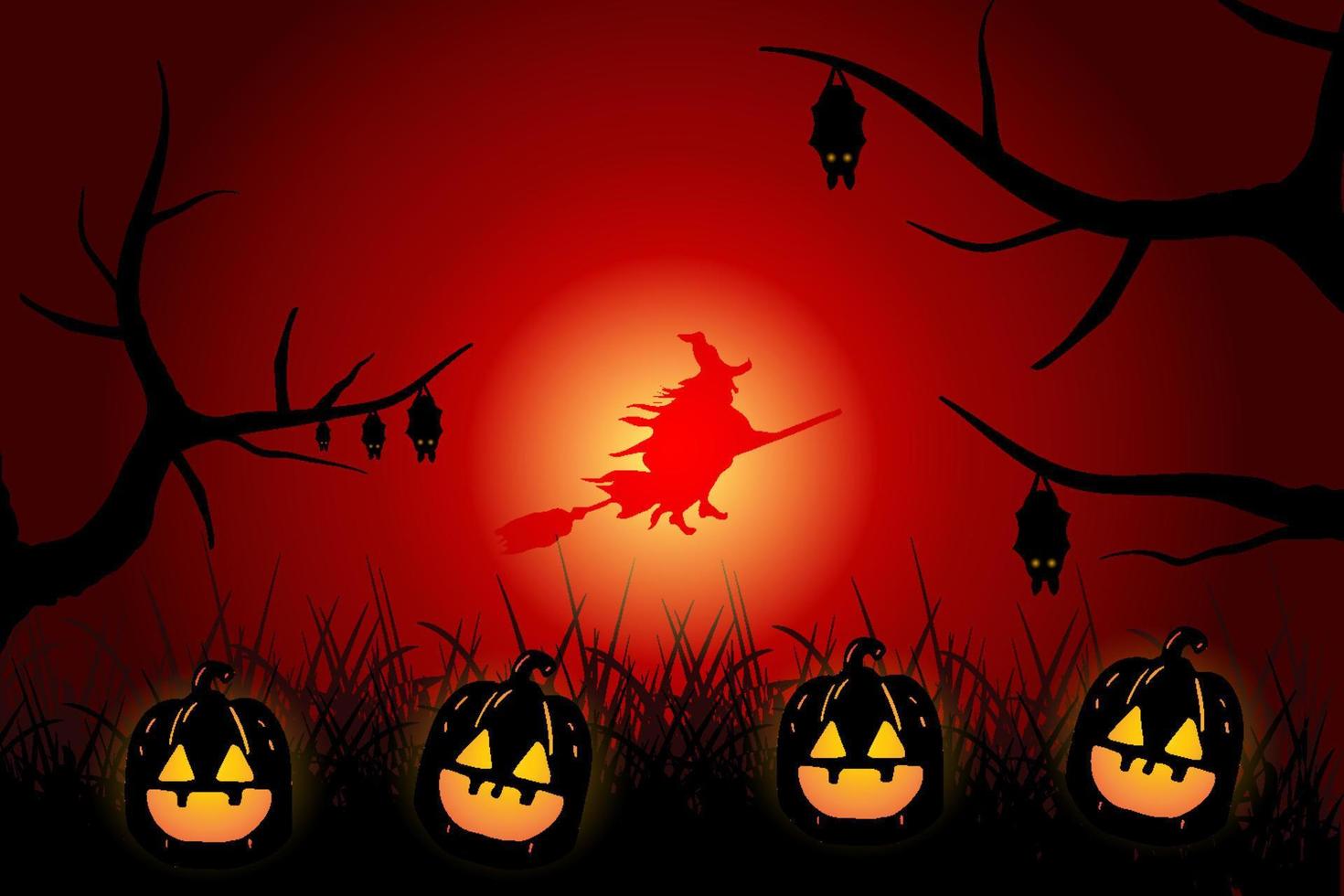 halloween background flat design with pumpkin ghost and flying witch vector