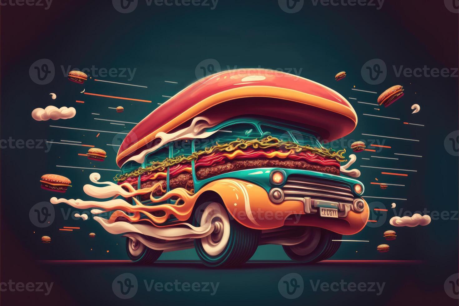 Burger delivery. Fast hamburger car. Cheeseburger as fast food car. Mascot burger car design. Logotype for restaurant or cafe. Street food festival symbol with burger in cartoon style. photo
