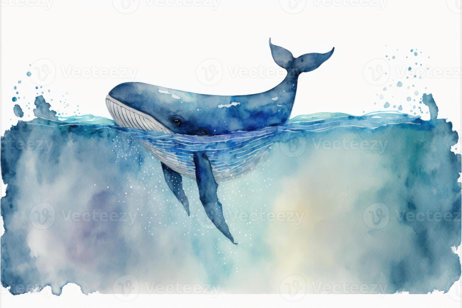 Cute whale in the ocean. Watercolor painting of cute aquatic animals. photo