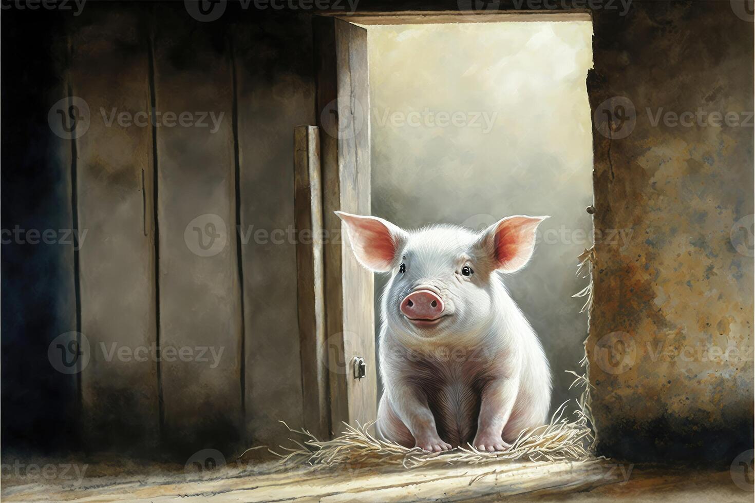 Cute piglet in the barn. Watercolor painting of cute pig farm animals. photo