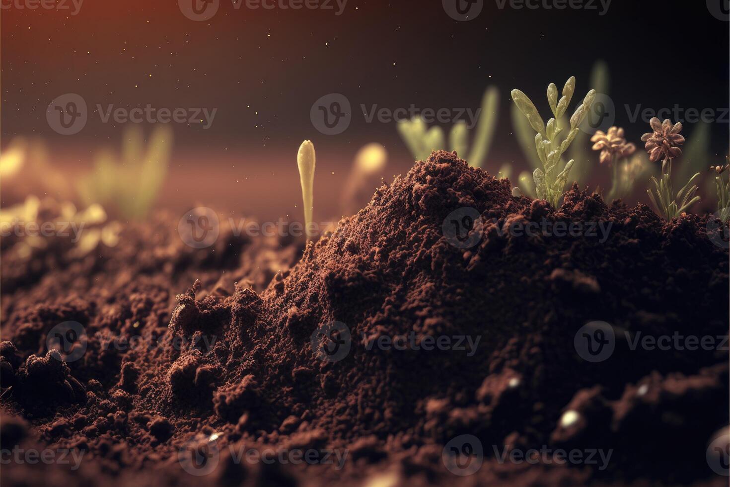 Close up soil nature background. Fertile soil with organic saplings. photo