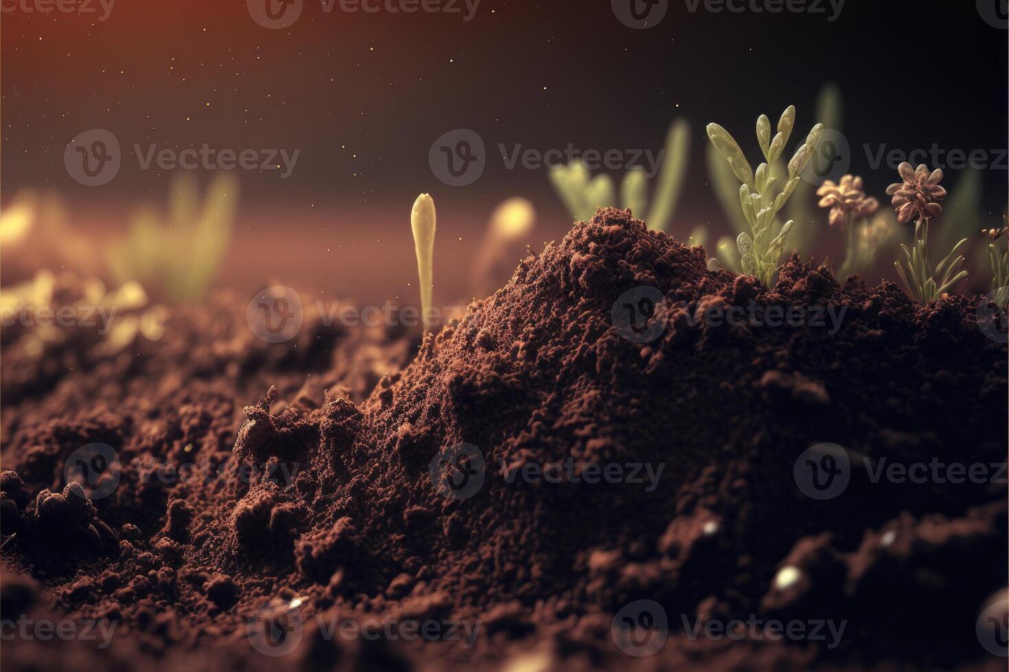 Close up soil nature background. Fertile soil with organic saplings. photo