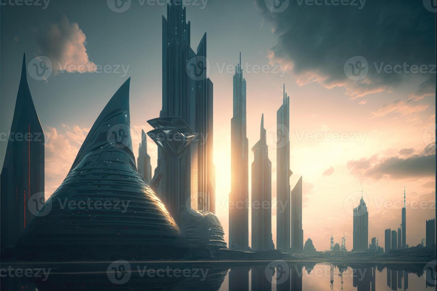 Futuristic cityscape with towering skyscrapers and advanced technology. photo