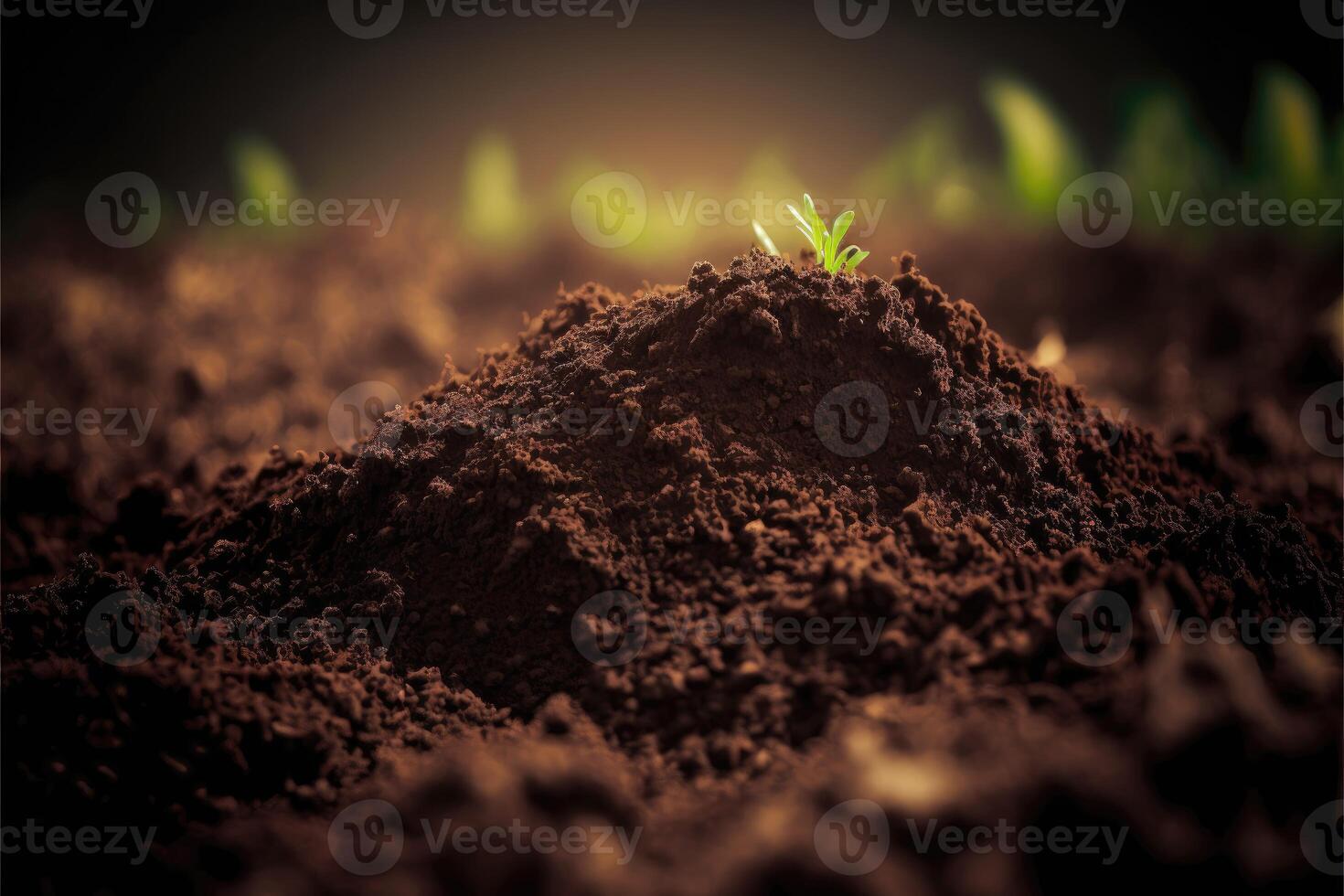 Close up soil nature background. Fertile soil with organic saplings. photo