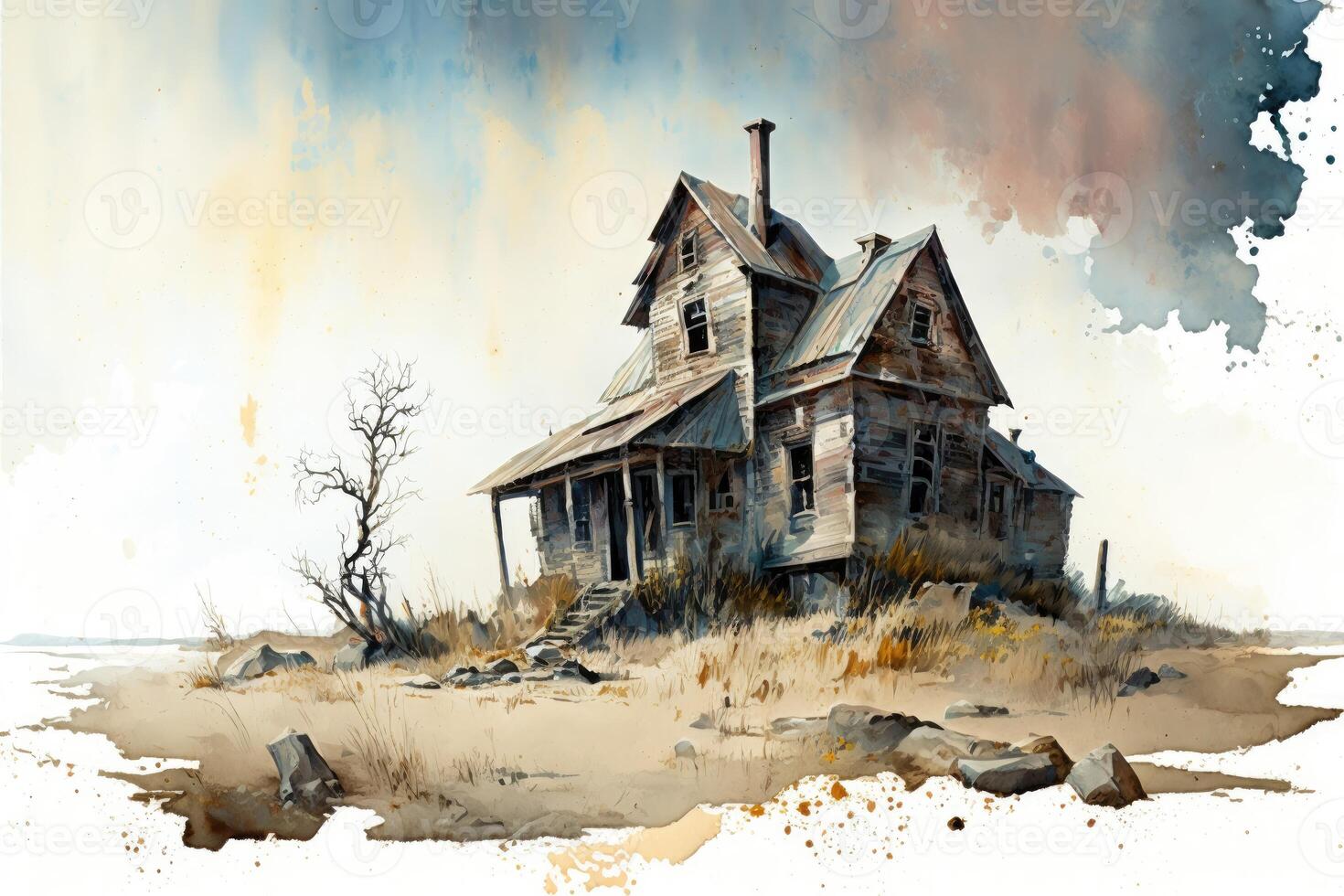 The abandoned house stood alone with the sound of the whistling wind. Watercolor painting. Symbol of abandonment and desolation. photo