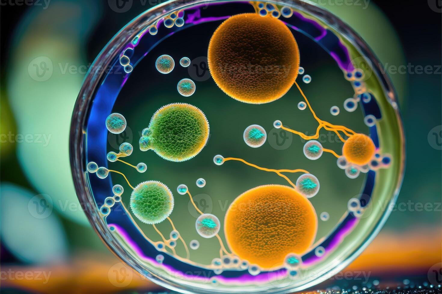 Macro close up shot of bacteria and virus cells in a scientific laboratory petri dish. photo