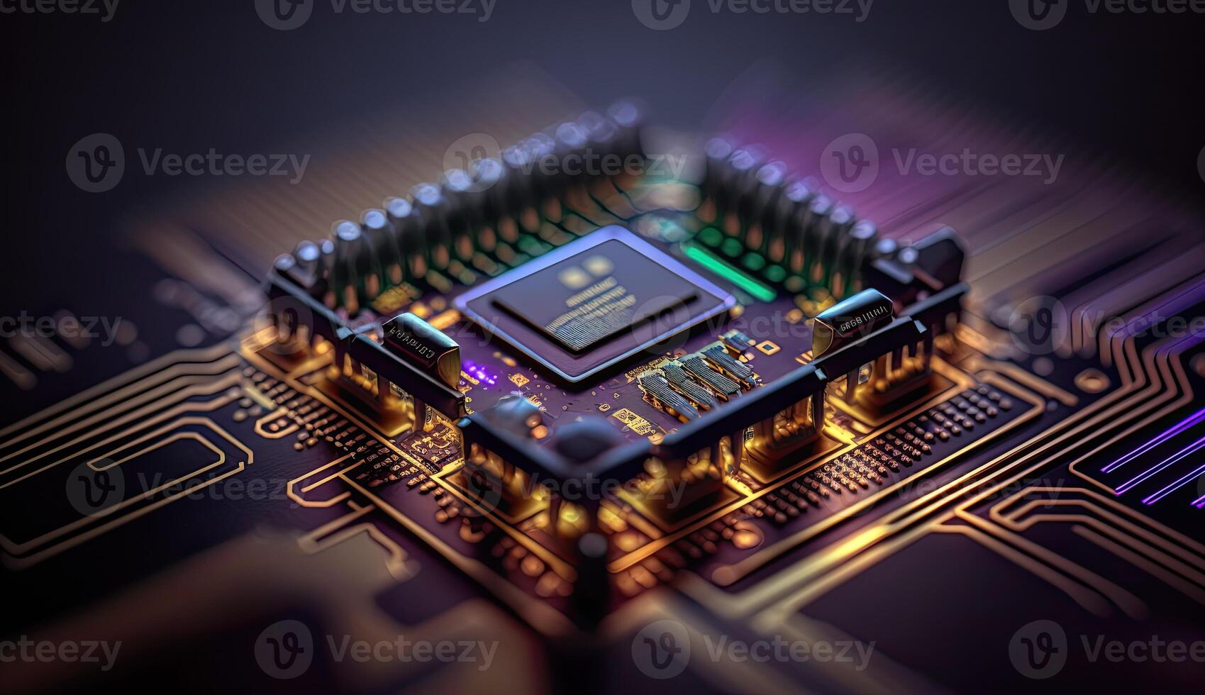 Microchip, surface zoom in computer chip technology, neon light lines, IT, macro photography photo