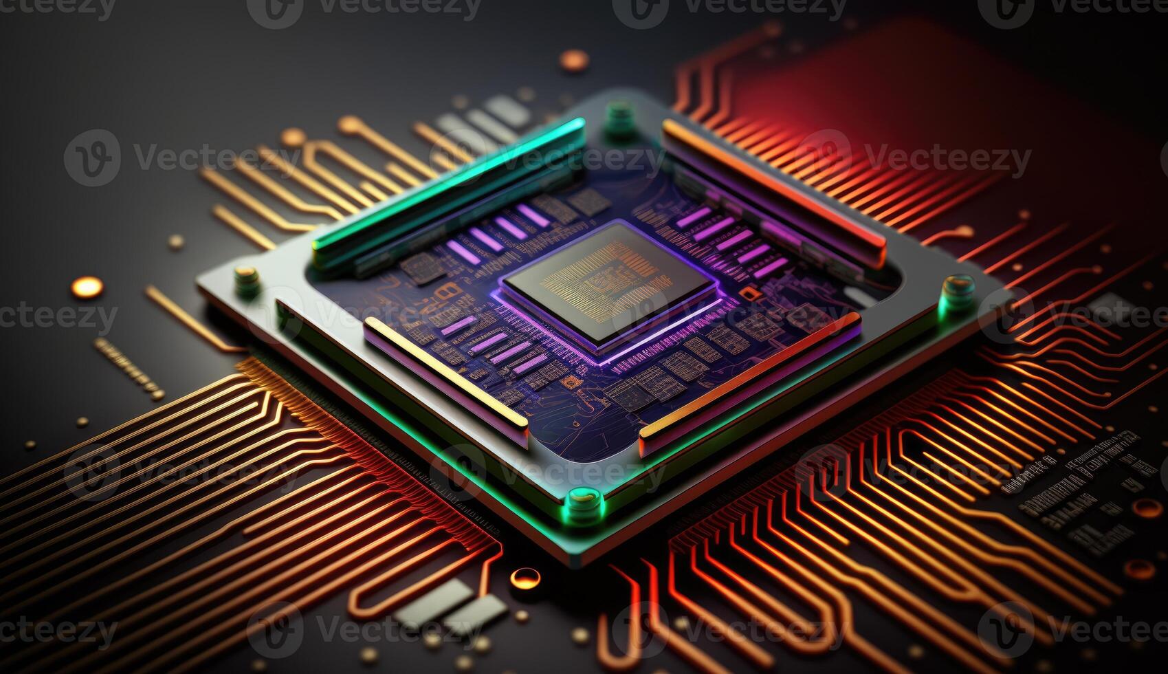 Microchip, surface zoom in computer chip technology, neon light lines, IT, macro photography photo
