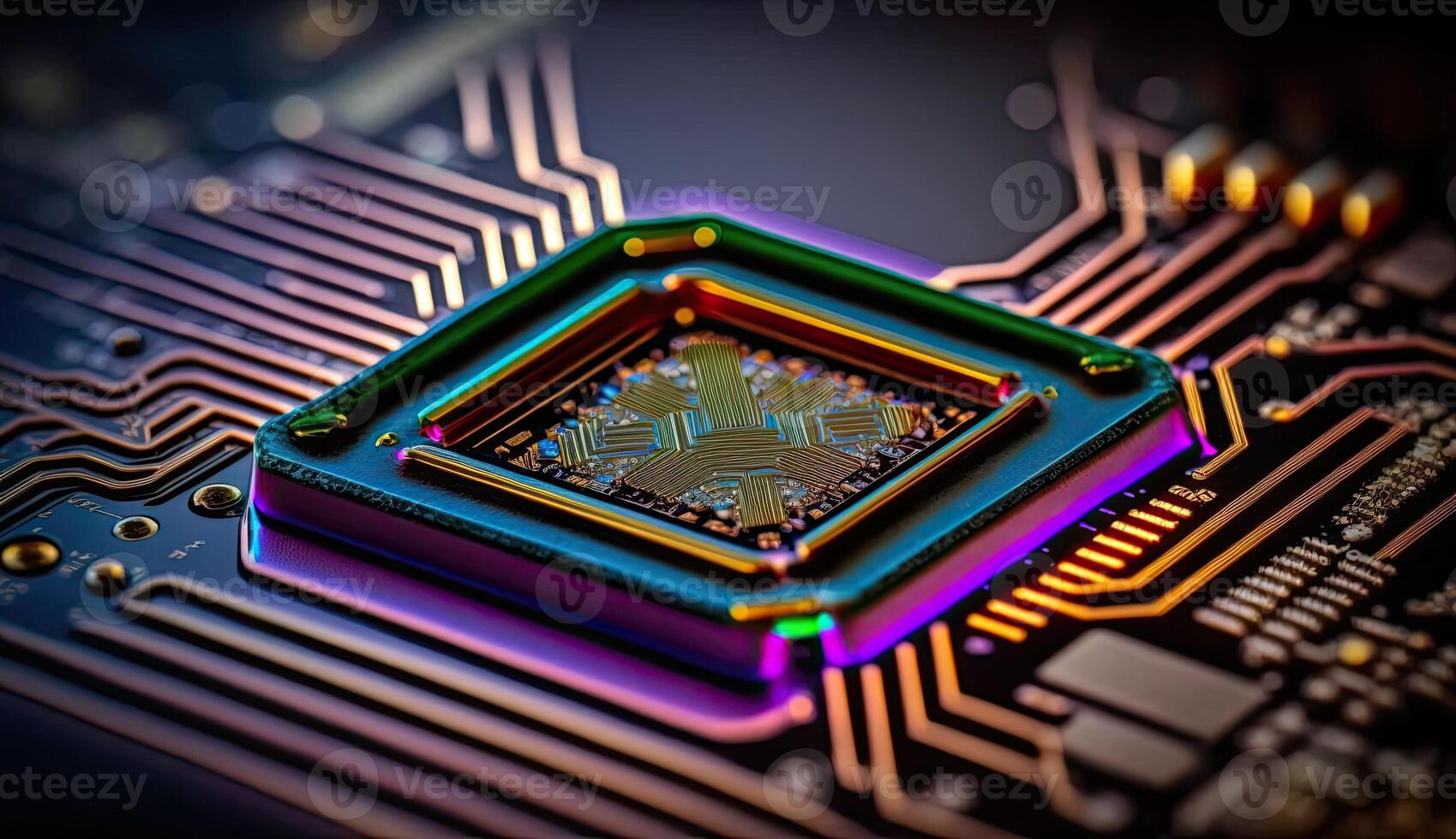 Microchip, surface zoom in computer chip technology, neon light lines, IT, macro photography photo
