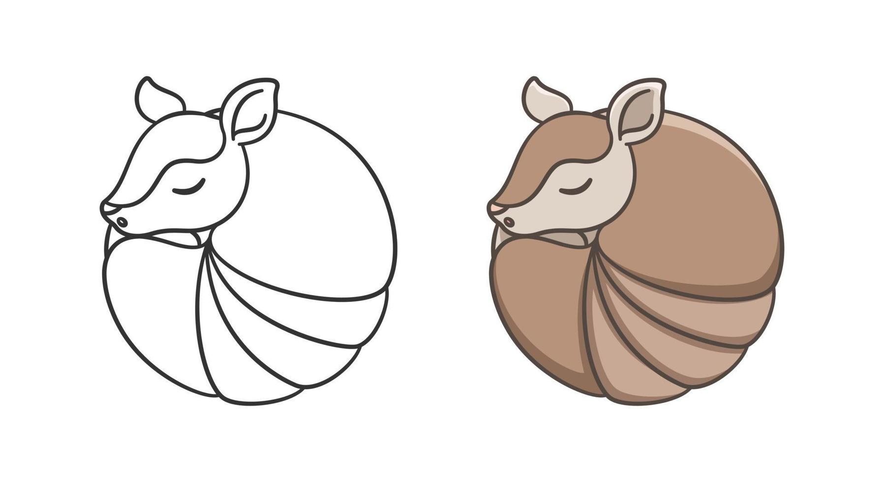 Armadillo sleeping and rolled up into a ball cartoon vector illustration. Colored and outline set. Cute animal character design.