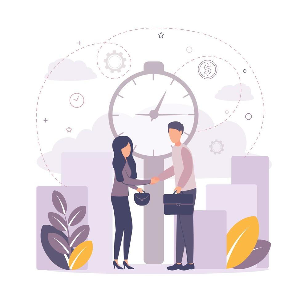 The contract, the clock, people shake hands, making a deal, a man and a woman make a lair, people come to an agreement, business handshake, Businessmen conclude an agreement in front of the clock vector