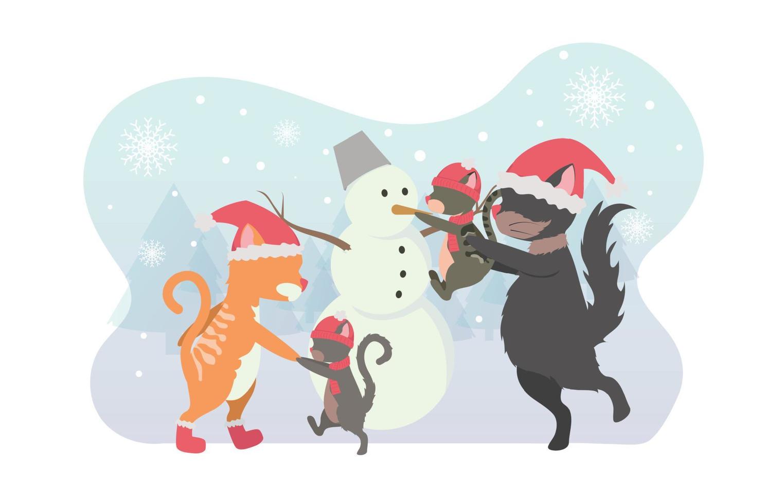 New Year. Christmas. Cats with kittens in New Year's hats and scarves near a snowman, against the background of a Christmas tree, snowflakes. Vector illustration