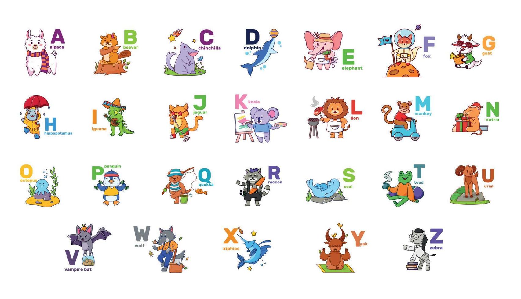 Alphabet with cute animals. Vector illustration