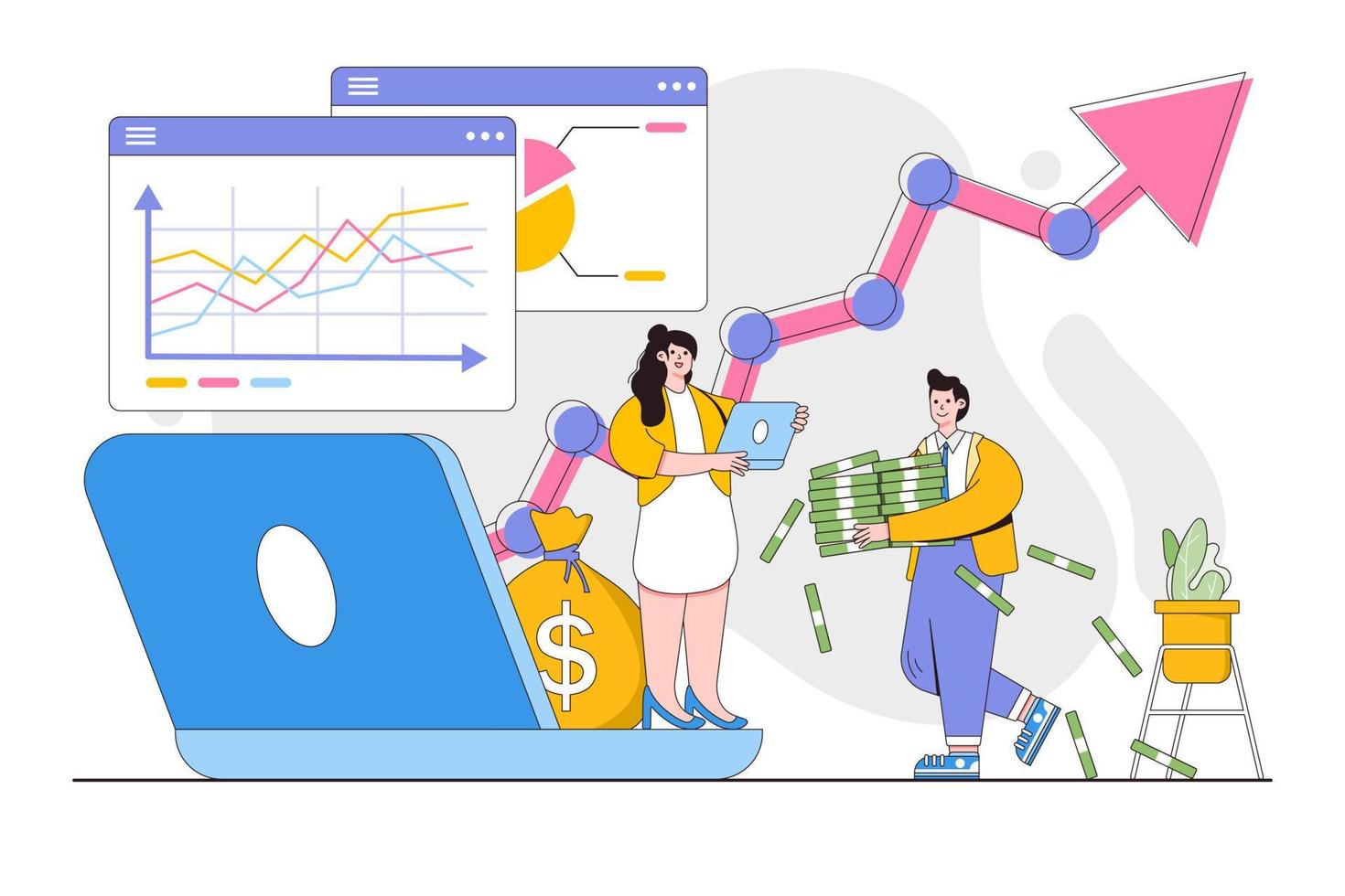 hacer dinero en línea y ganar lucro concepto. grupo de exitoso inversores o negocio personas crecimientos ganancia. contorno diseño estilo mínimo vector ilustración para aterrizaje página, web bandera, héroe imágenes