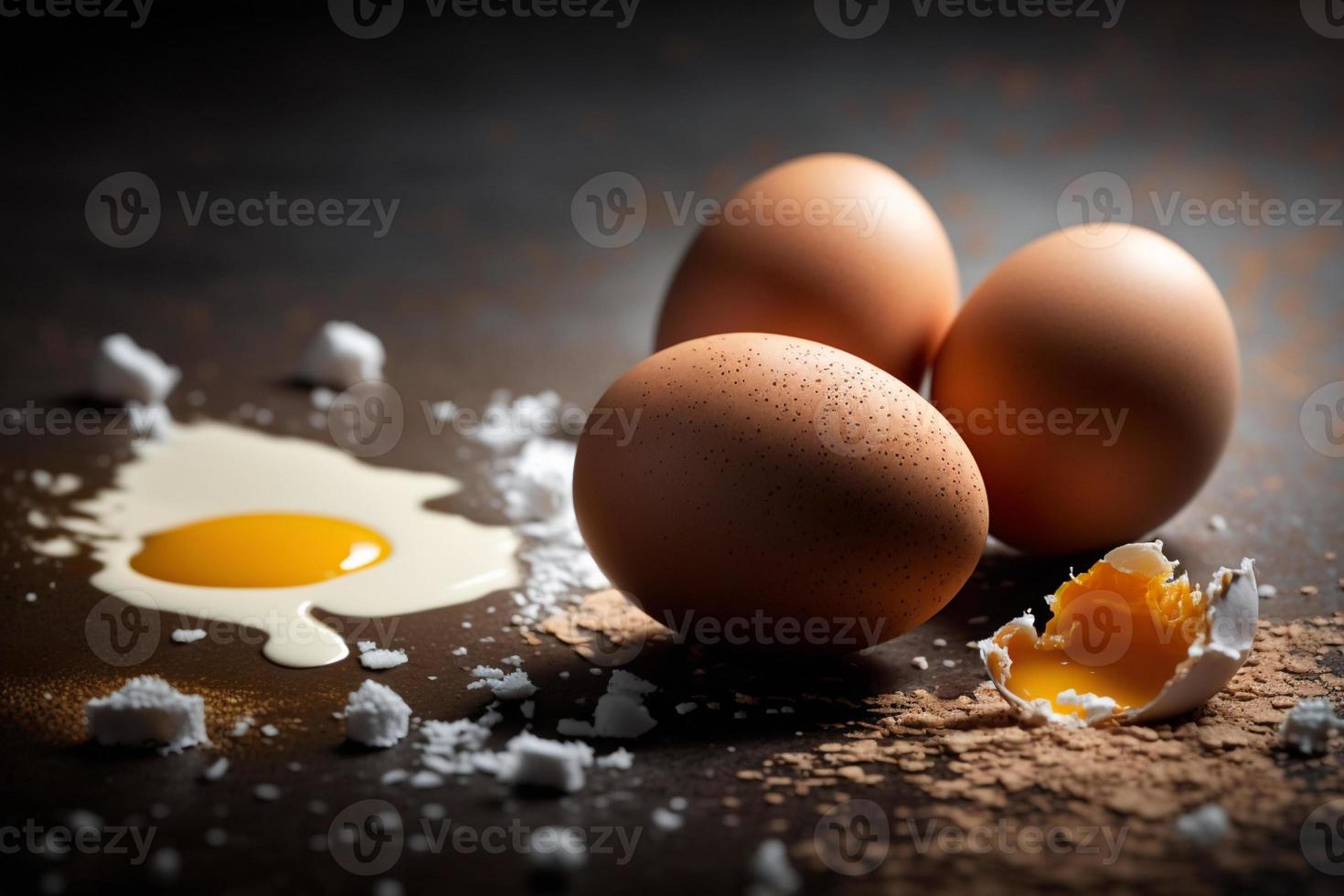 Chicken eggs, brown and white eggs on a table. Eggs ready to be used with flour and wheat in recipe on the table. Types of eggs used in cake preparation and various recipes. photo