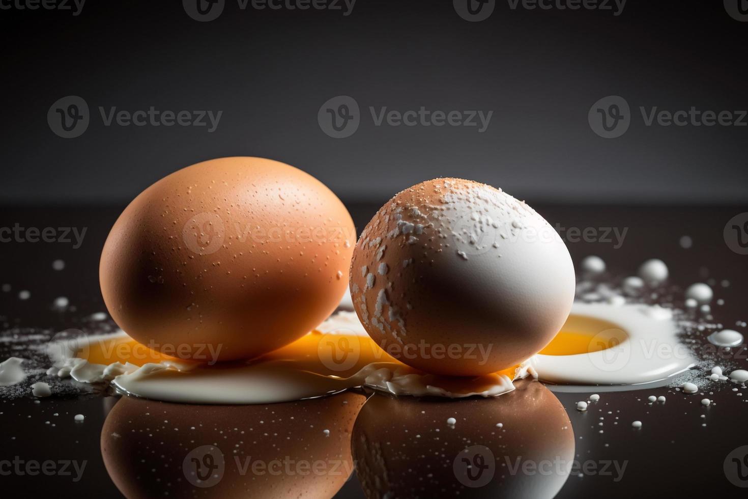 Chicken eggs, brown and white eggs on a table. Eggs ready to be used with flour and wheat in recipe on the table. Types of eggs used in cake preparation and various recipes. photo