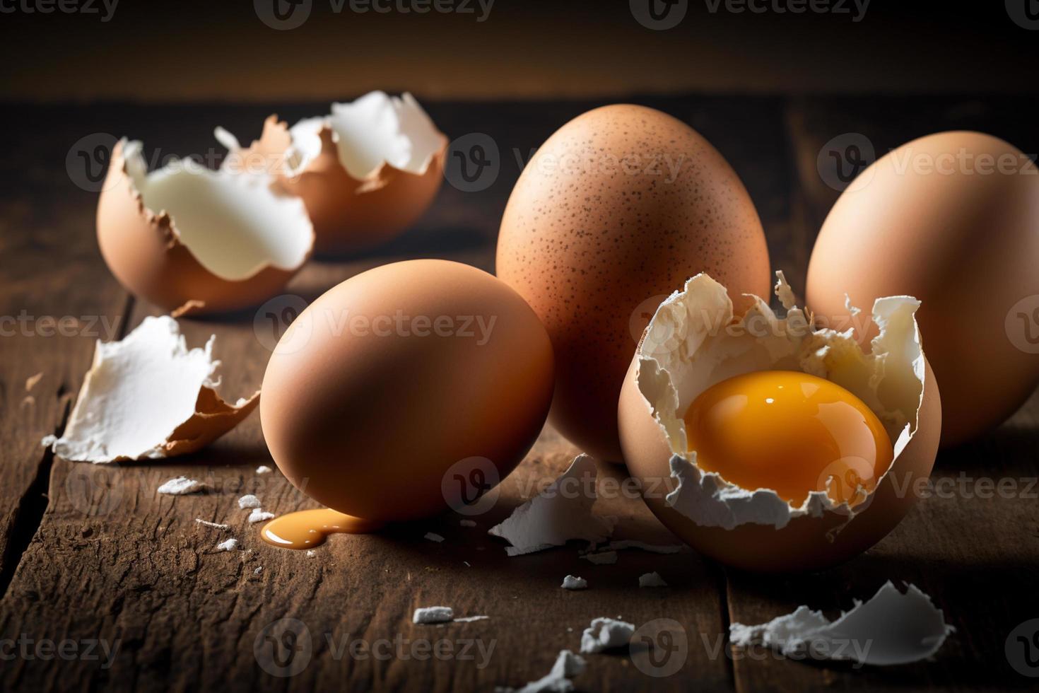 Chicken eggs, brown and white eggs on a table. Eggs ready to be used with flour and wheat in recipe on the table. Types of eggs used in cake preparation and various recipes. photo