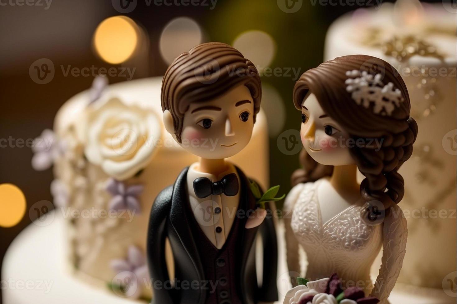 novia y novio en parte superior de pastel o muñecas en parte superior de pastel. nostalgia y recuerdos de un bueno contento matrimonio foto