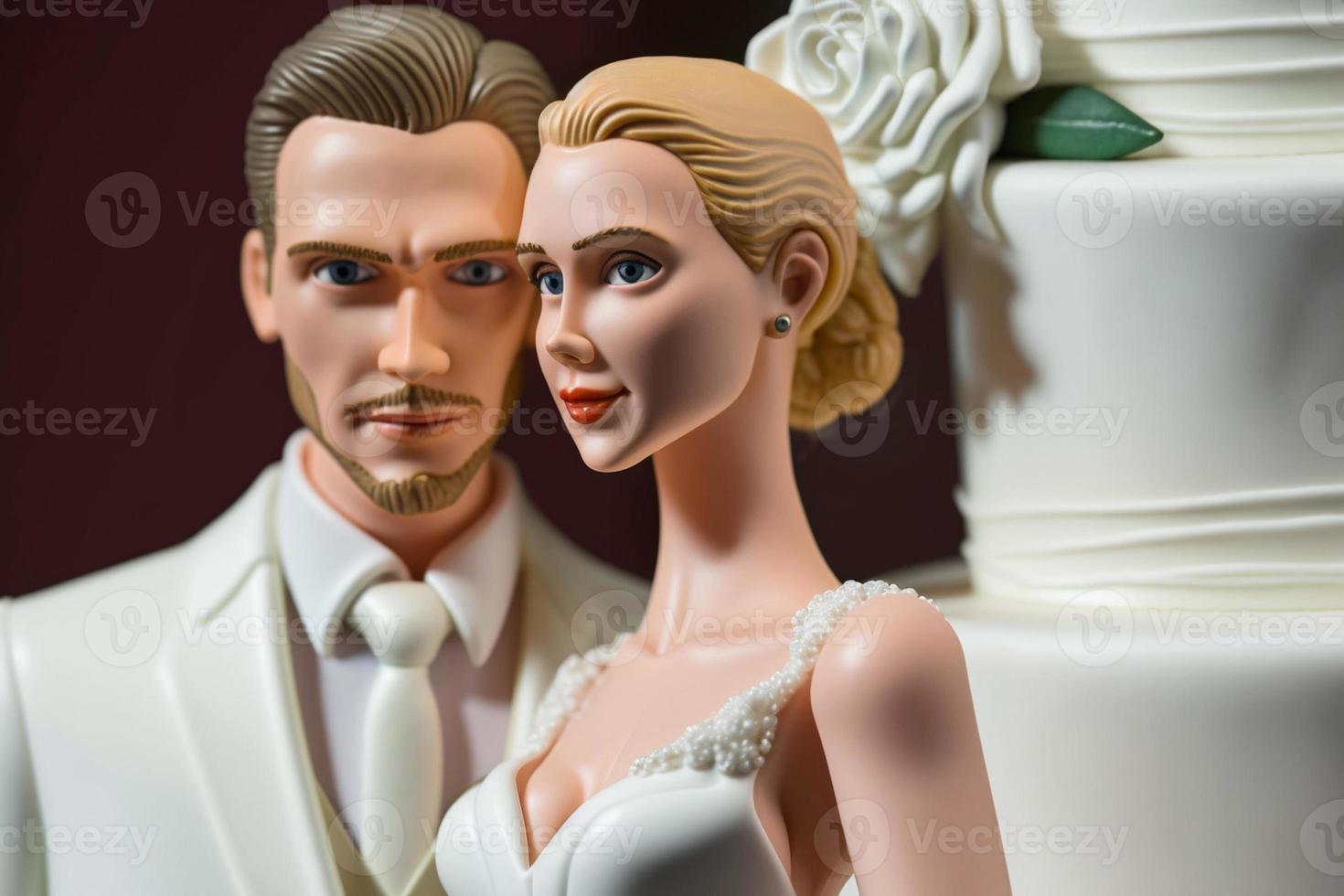 Bride and Groom on top of cake or dolls on top of cake. Nostalgia and memories of a good happy marriage photo