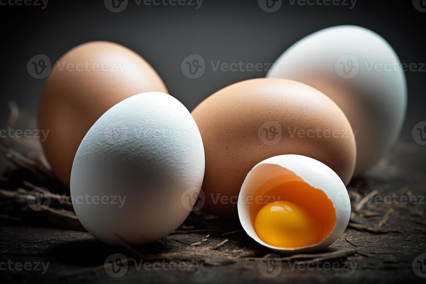 Chicken eggs, brown and white eggs on a table. Eggs ready to be used with flour and wheat in recipe on the table. Types of eggs used in cake preparation and various recipes. photo