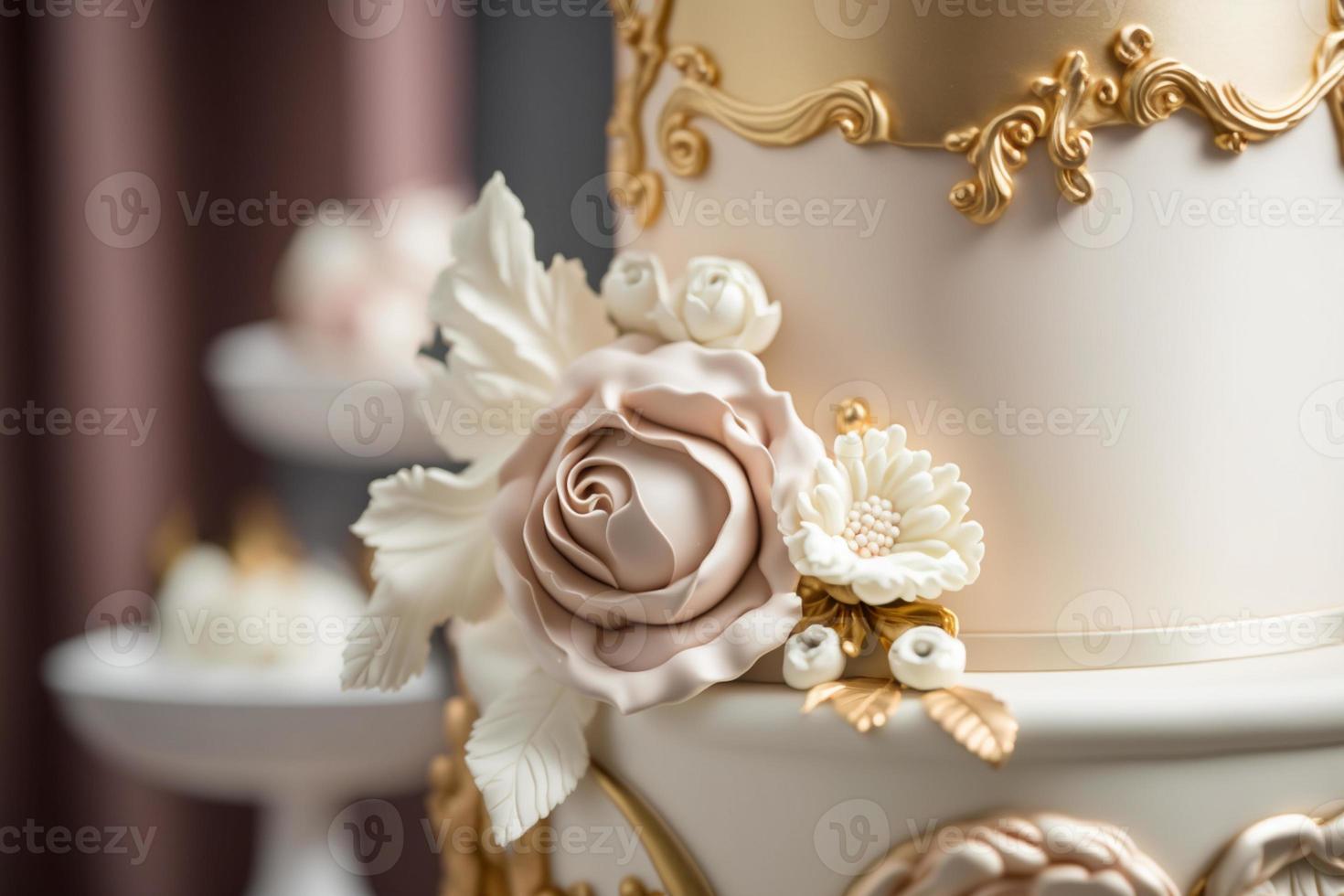 Wedding cake is the traditional cake served at wedding parties after the main meal. In modern Western culture, the cake is usually on display and served to guests during the reception. photo