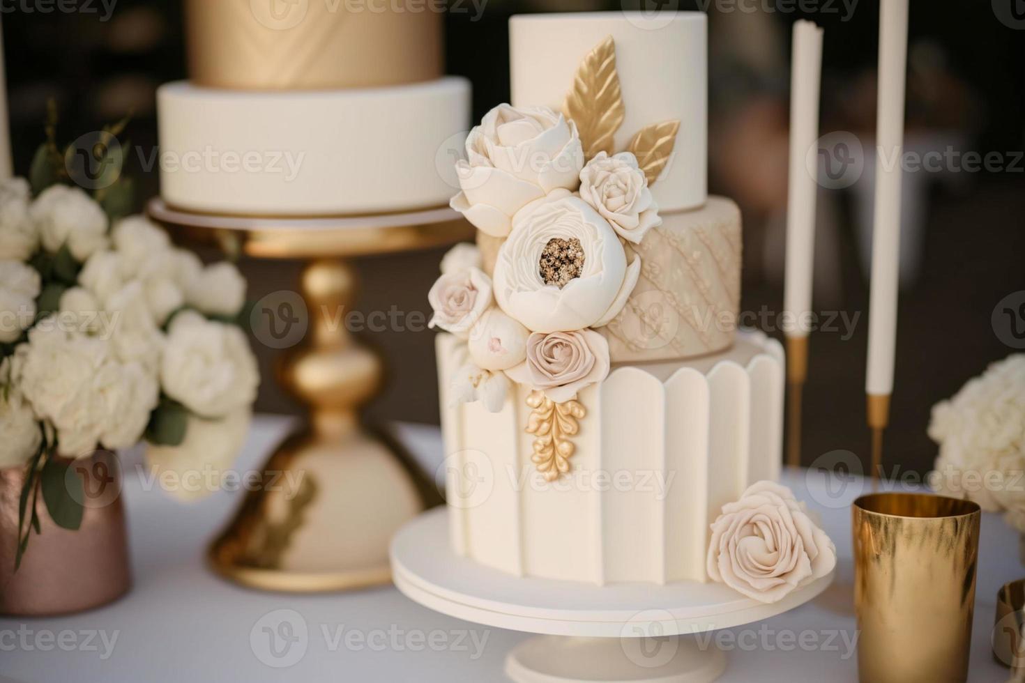 Wedding cake is the traditional cake served at wedding parties after the main meal. In modern Western culture, the cake is usually on display and served to guests during the reception. photo