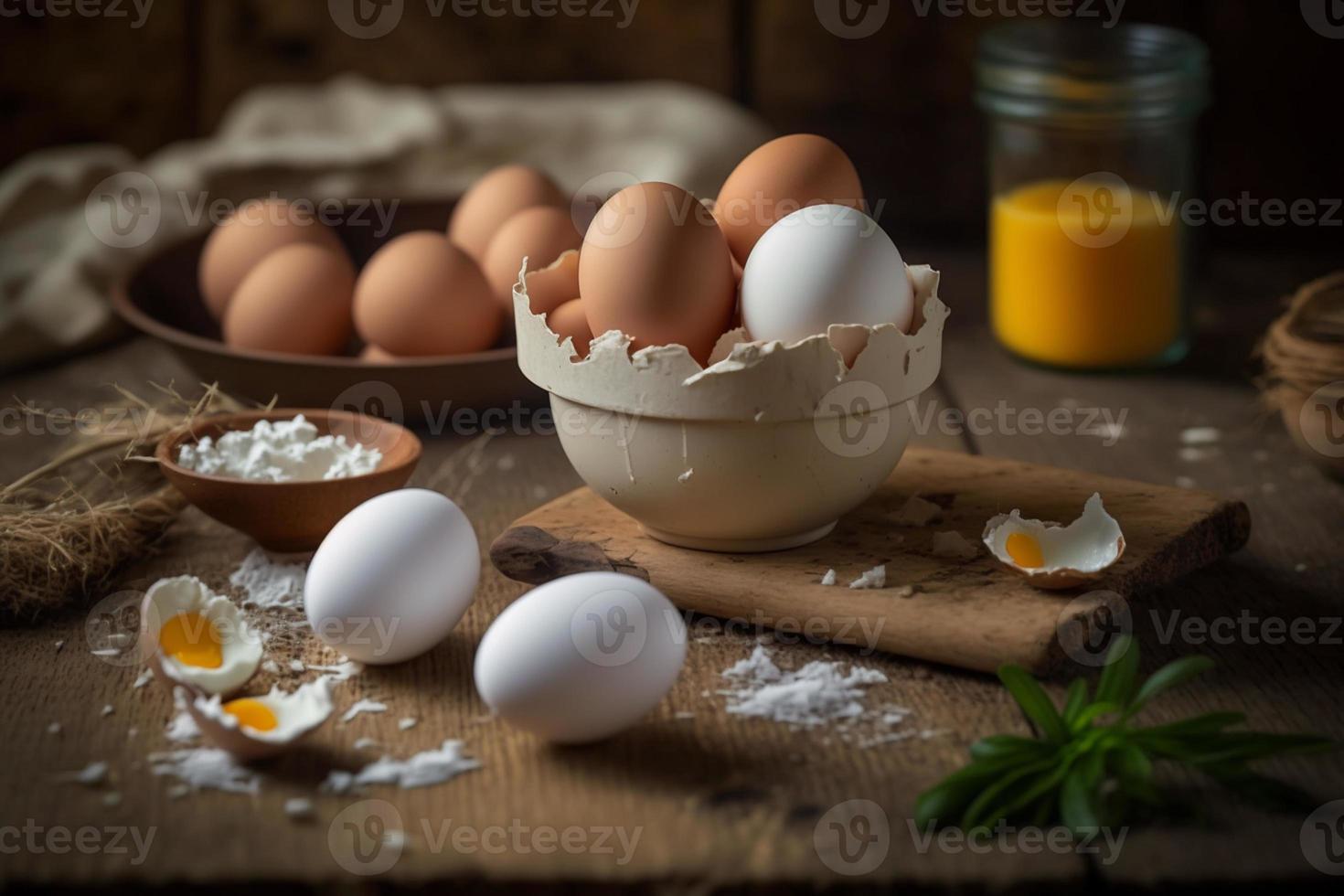 Chicken eggs, brown and white eggs on a table. Eggs ready to be used with flour and wheat in recipe on the table. Types of eggs used in cake preparation and various recipes. photo