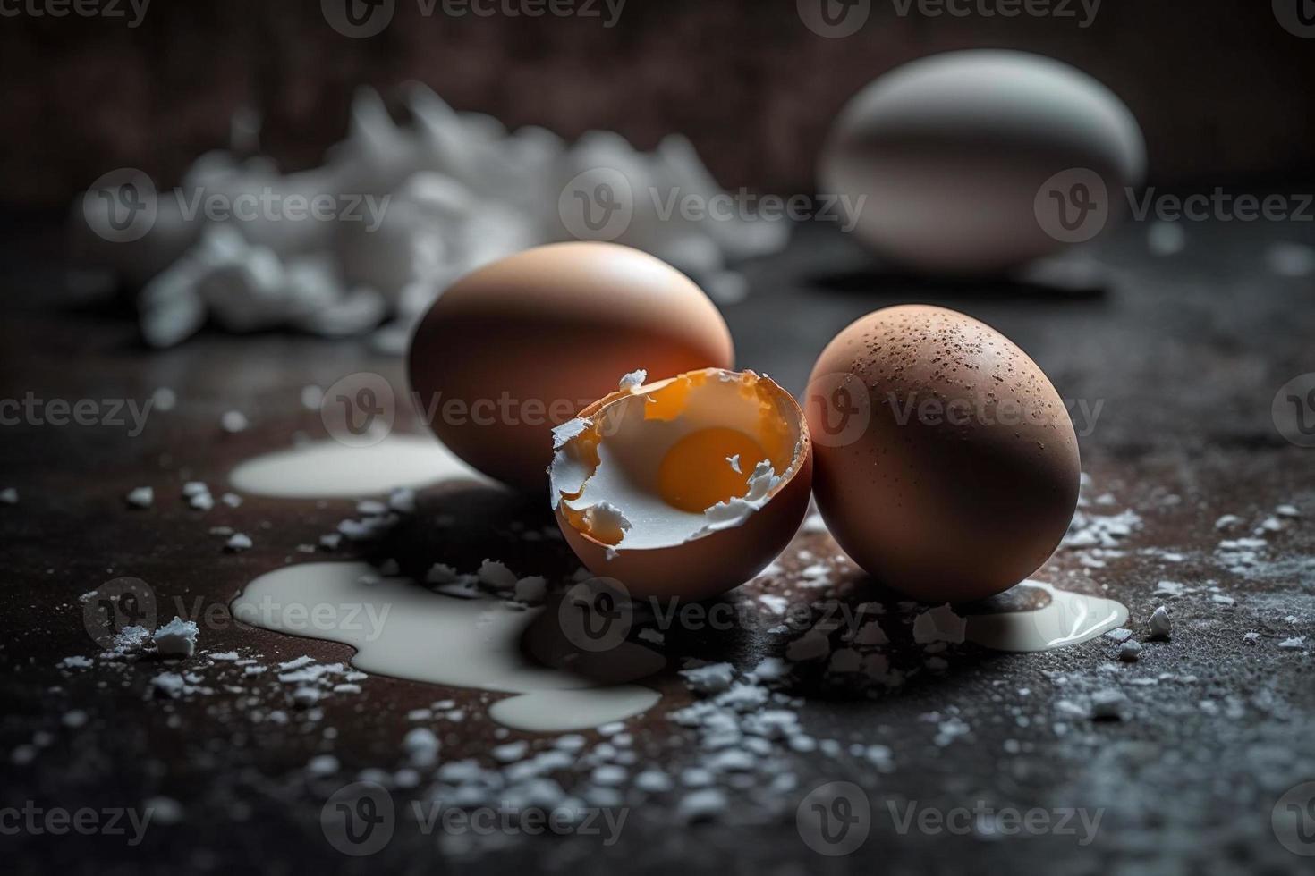 Chicken eggs, brown and white eggs on a table. Eggs ready to be used with flour and wheat in recipe on the table. Types of eggs used in cake preparation and various recipes. photo