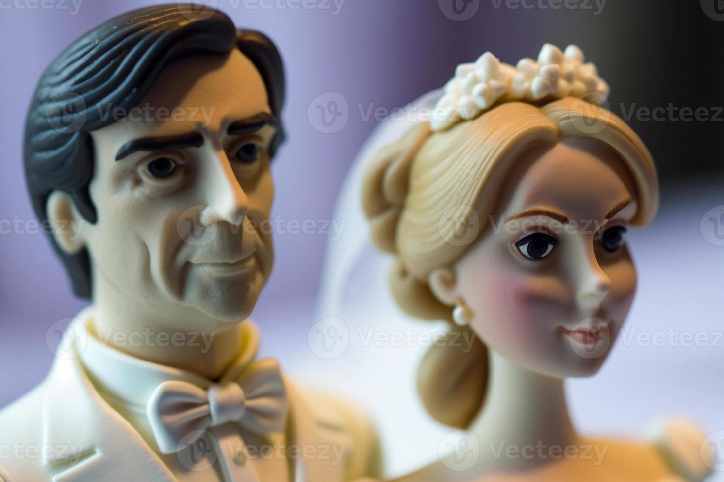 novia y novio en parte superior de pastel o muñecas en parte superior de pastel. nostalgia y recuerdos de un bueno contento matrimonio foto