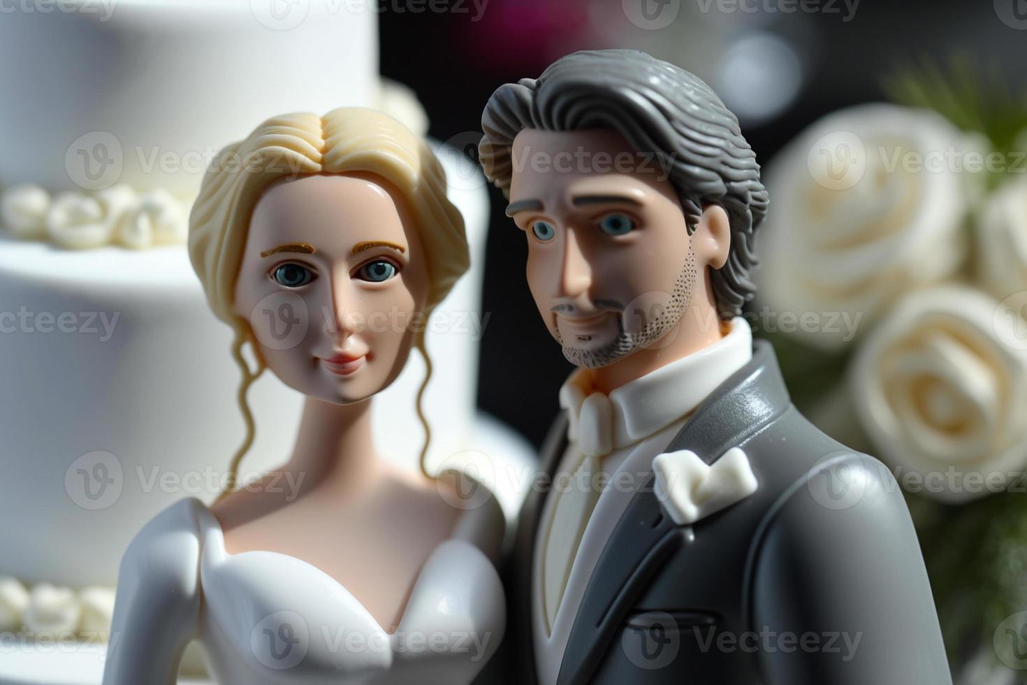novia y novio en parte superior de pastel o muñecas en parte superior de pastel. nostalgia y recuerdos de un bueno contento matrimonio foto