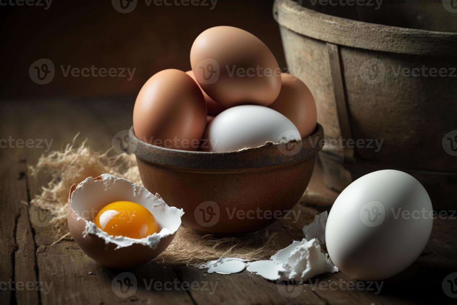 Chicken eggs, brown and white eggs on a table. Eggs ready to be used with flour and wheat in recipe on the table. Types of eggs used in cake preparation and various recipes. photo