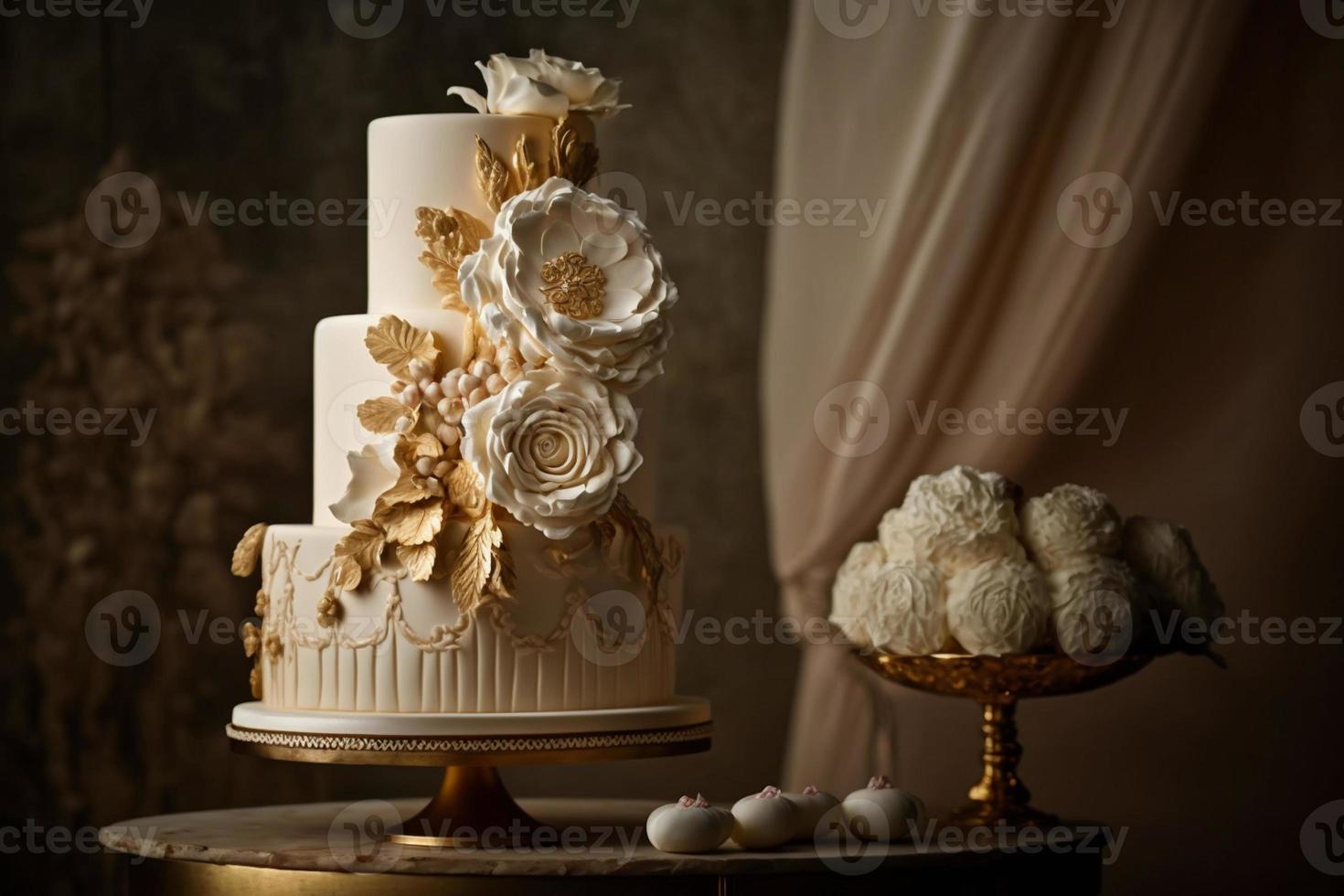 Wedding cake is the traditional cake served at wedding parties after the main meal. In modern Western culture, the cake is usually on display and served to guests during the reception. photo