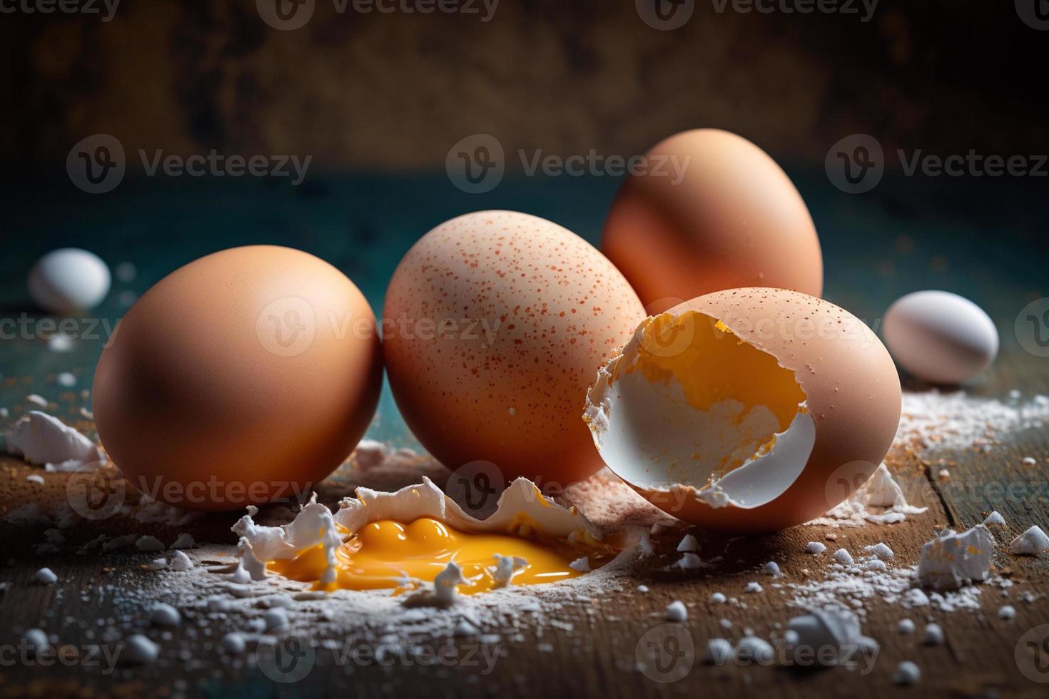 Chicken eggs, brown and white eggs on a table. Eggs ready to be used with flour and wheat in recipe on the table. Types of eggs used in cake preparation and various recipes. photo